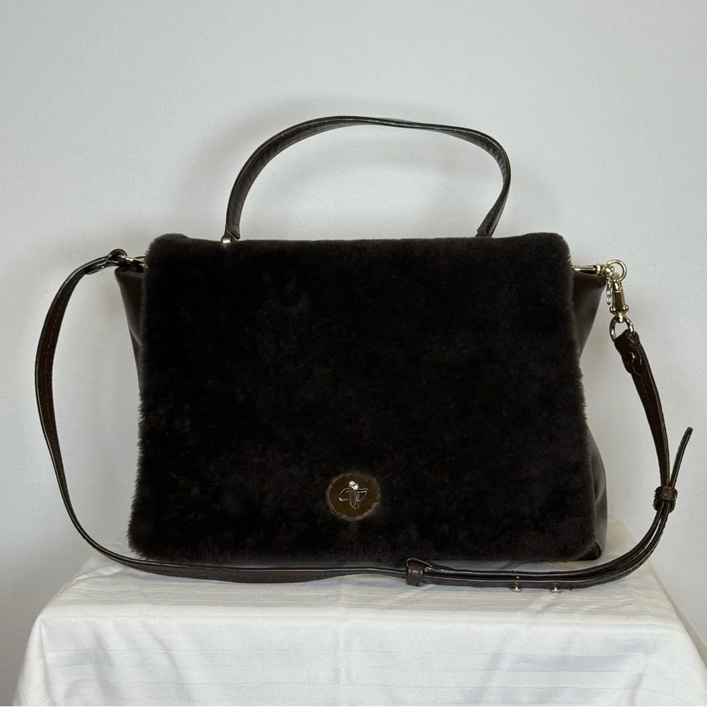 Varriale Italian Dark Brown Leather And Shearling Messenger Bag Adjustable Strap - Picture 1 of 16